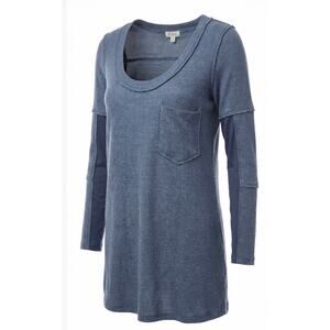 POL Waffle Knit Thermal Raw Hem Long Sleeve Top Blue Gray Small Free People NWOT